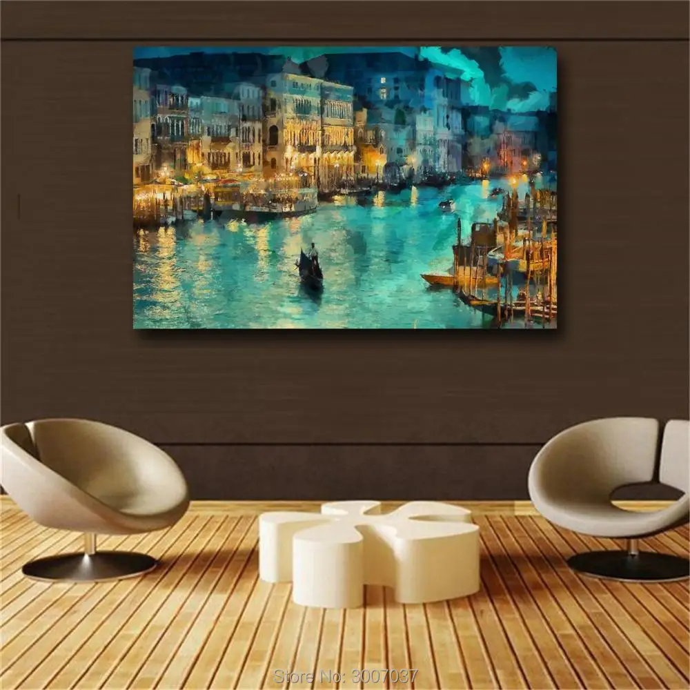 A small town at night Moat building Handmade Oil Painting Canvas Wall Art Picture On Canvas Poster Home Decor Canvas