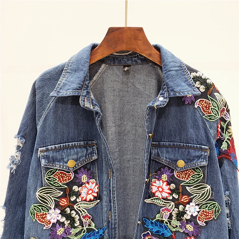 Harajuku Heavy work Flower embroidery Hole Denim jacket Women Streetwear Autumn Mid-length Loose Casual Jean coat Chaqueta Mujer