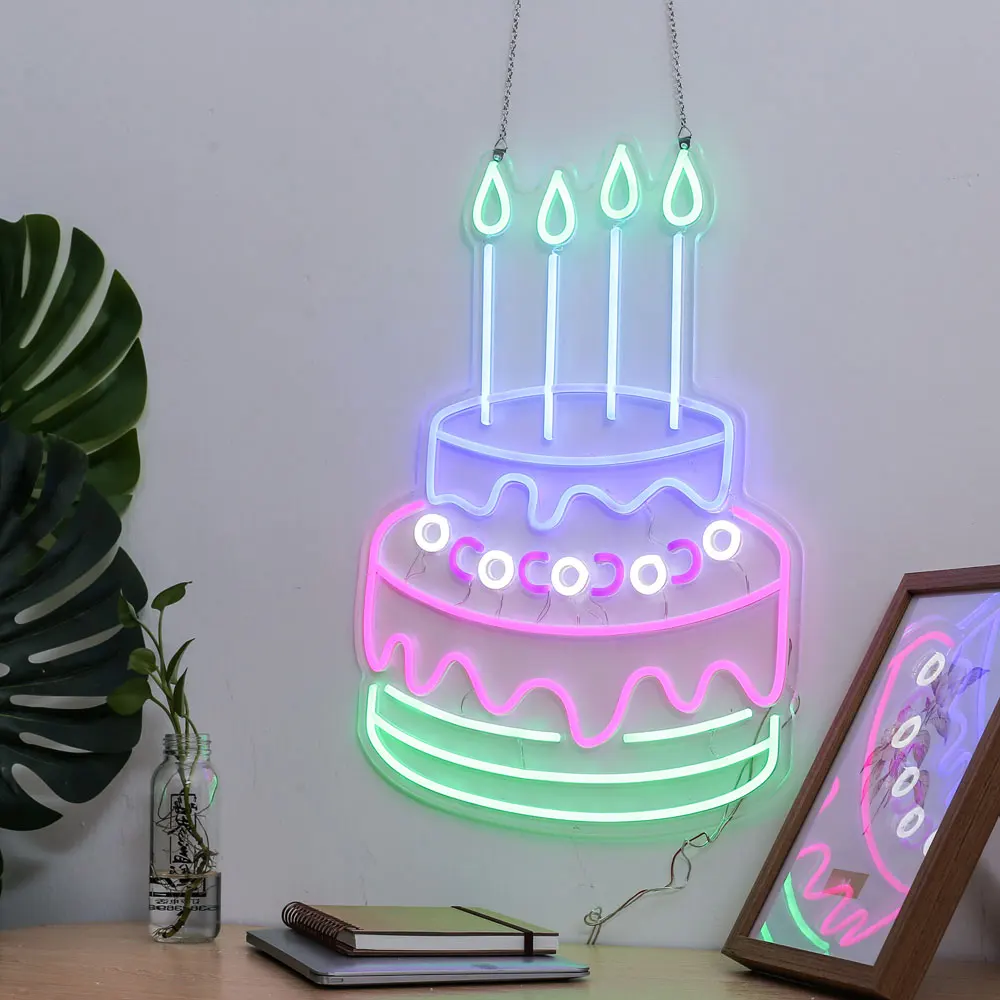 Flex Neon Strip Teken Kleurrijke Verjaardagstaart Neon Light Dessert Verjaardag Party Achtergronden Neon Light Artful Bday Gift Neon Art