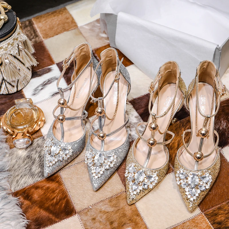

Gold Wedding Shoes Women New Sequin Crystal Pointed High Heeled Sandals Buckle Thin Heel Silver T-strap Women's Pumps Sandalias