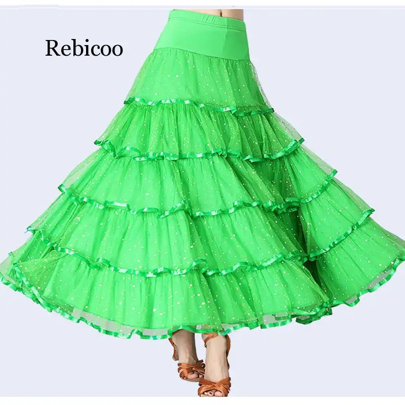 Rebicoo Sequined Ballroom Skirts Flamenco Spain Dancing Skirts for Women  New Ruffles Lace Long Elastic Skirts Dance Wear