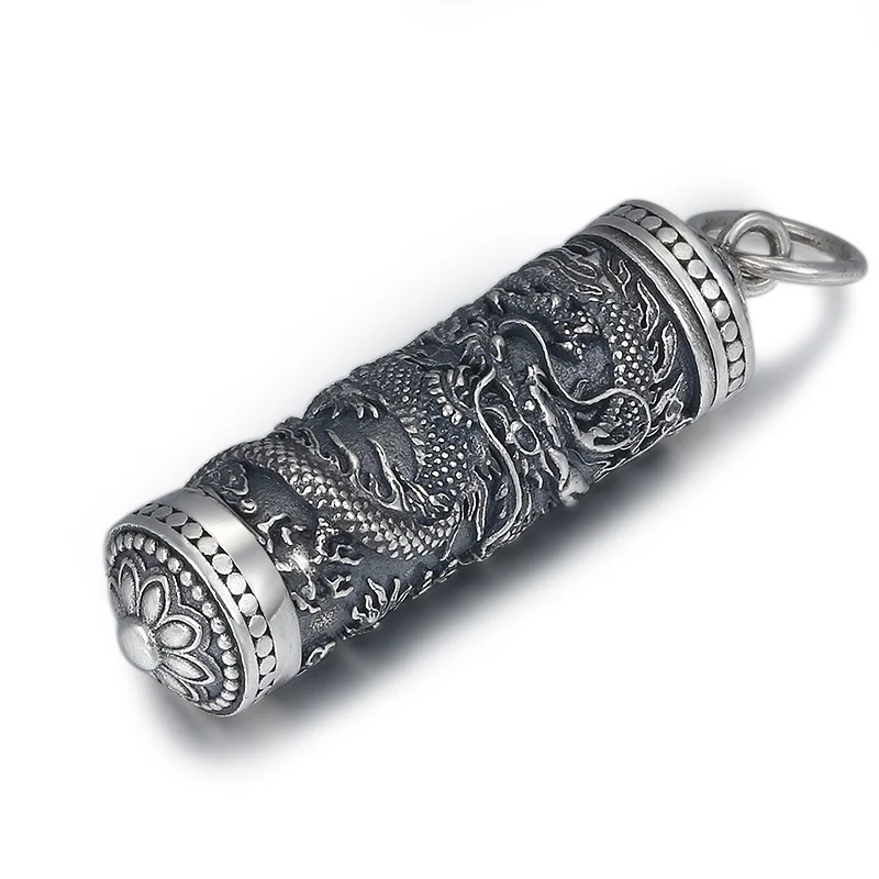 S925 Sterling Silver Vintage Thai Silver Ancient Tube Jewelry Engrave Dragon Design Men Memorial Pendant Holder Ash Urn Necklace