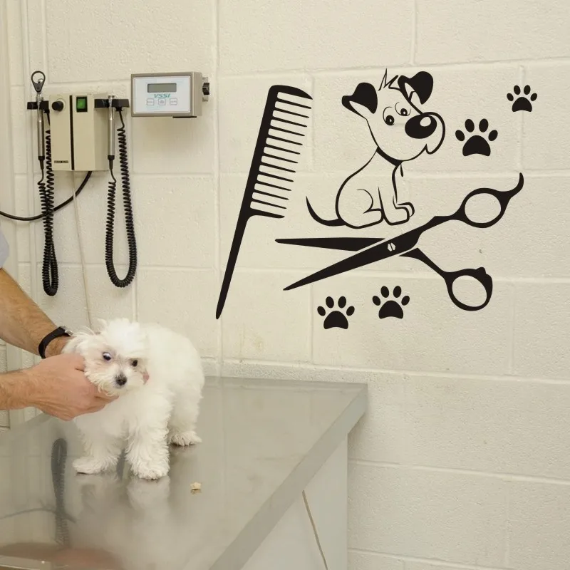 Pet Shop Vinyl Wall Decal Pet Grooming Salon Dog Scissors Shop Comb Mural Art Wall Sticker Pet Salon Room Decoration