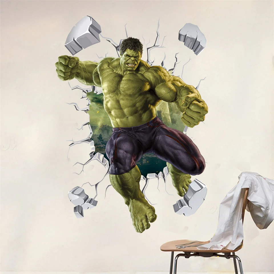 3D Broken Wall Hulk Wall Sticker Children\'s Room Boys Bedroom Decoration Wallpaper DIY Marvel Cartoon Decal Kids PVC Decor Mural