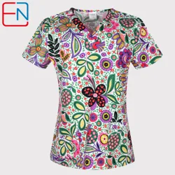 Women scrub top with V neck 100% cotton flowers scrub uniforms  XXS-5XL 11 floral prints scrub tops