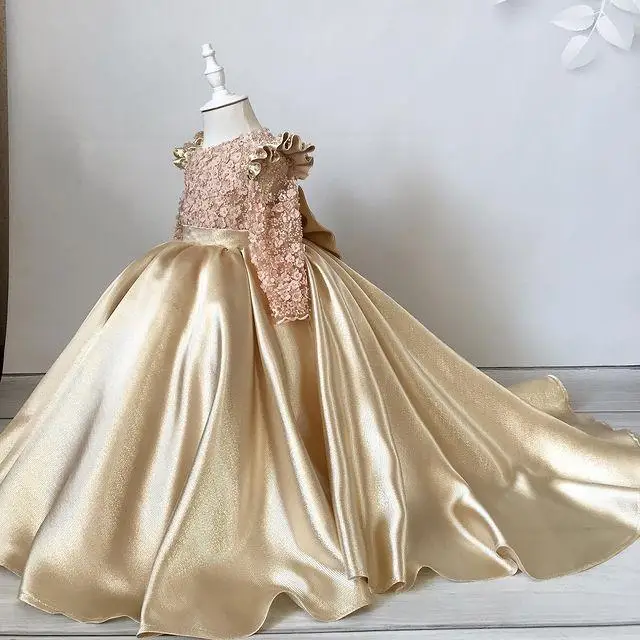 2021 Gold Lace Flower Girl Dresses Ball Gown Long Sleeve Satin Little Kids Birthday Pageant Wedding Gowns