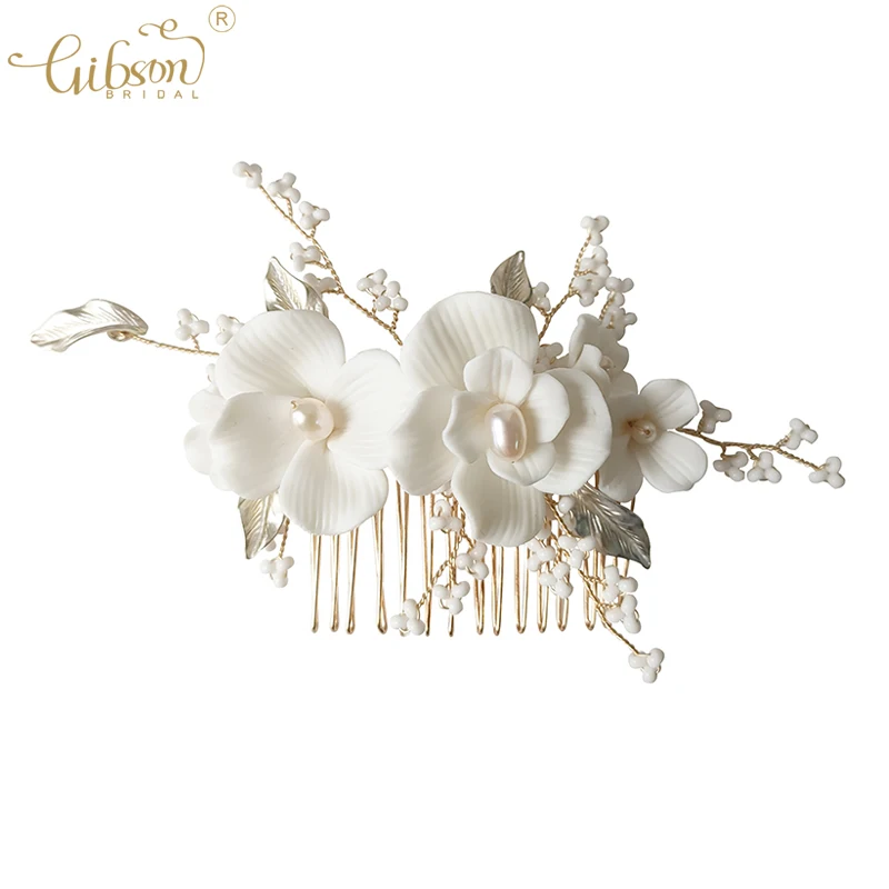 

Lovely Jewelry Hair Accessories White Clay Floral Headpiece Ceramic Flower Bridal Hair Comb Bobby Pins For Wedding