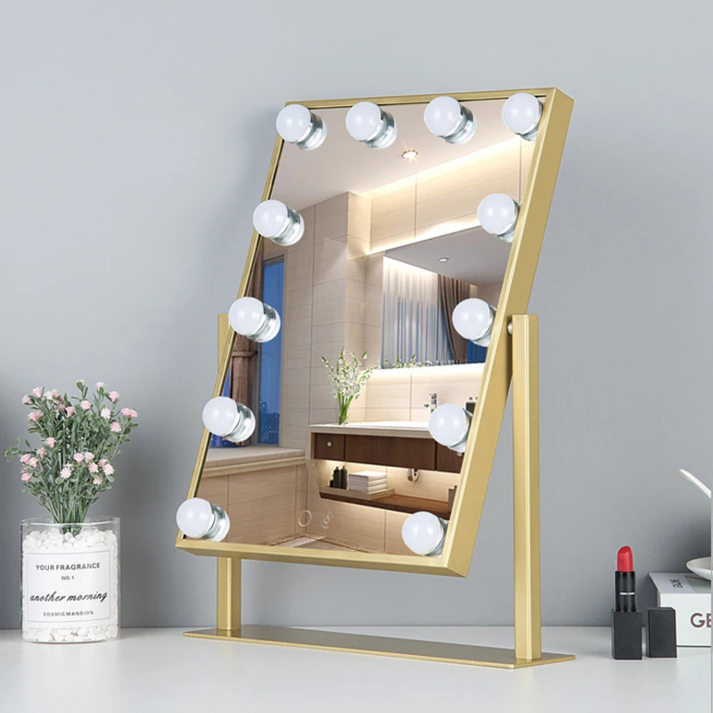 LED Makeup Mirror With Light Bulb Small Three-tone Light Desktop Dressing Mirror Dormitory Home Girl Beauty Makeup Mirror