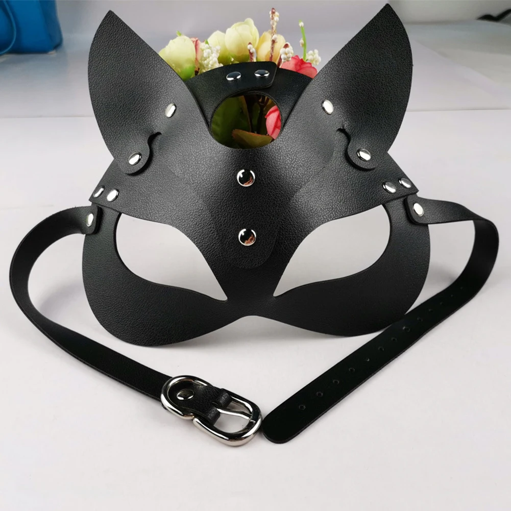 Women Cat Design Faux Leather Half Face Cover Masquerade Halloween Party Props Hollow Out Half Face Cat Design