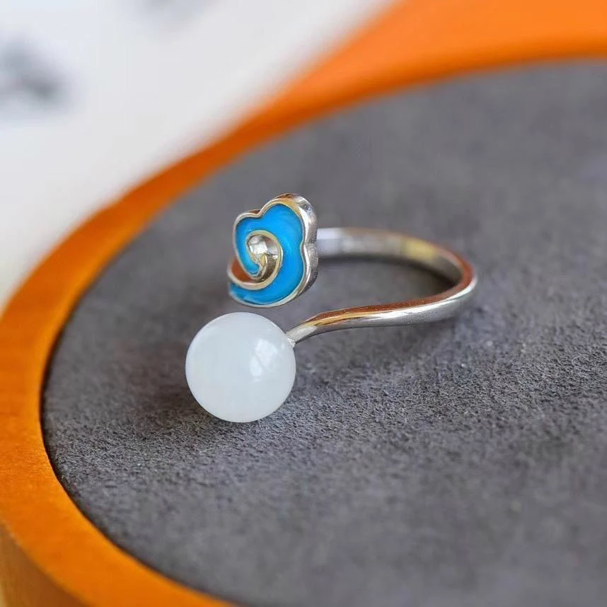 New silver inlaid natural Hetian white Chalcedony adjustable ring Chinese style retro enamel Xiangyun women's brand jewelry