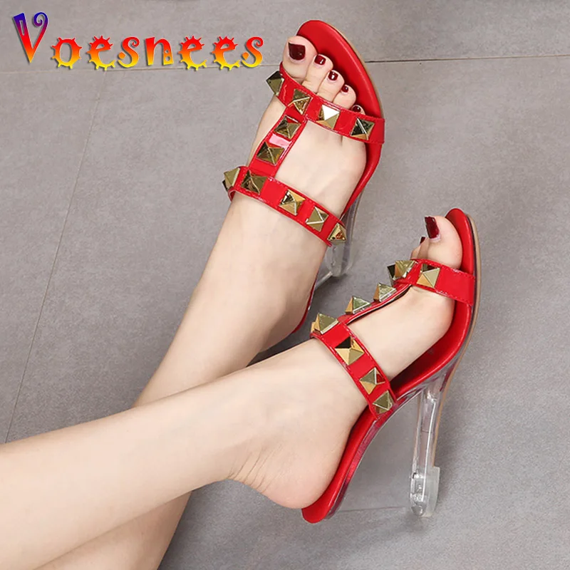 

Voesnees Luxury Brand 8CM Women Slippers Thin Strap Rivet Transparent Wedges Sandal Candy Color Patent Leather Summer Heel Shoes