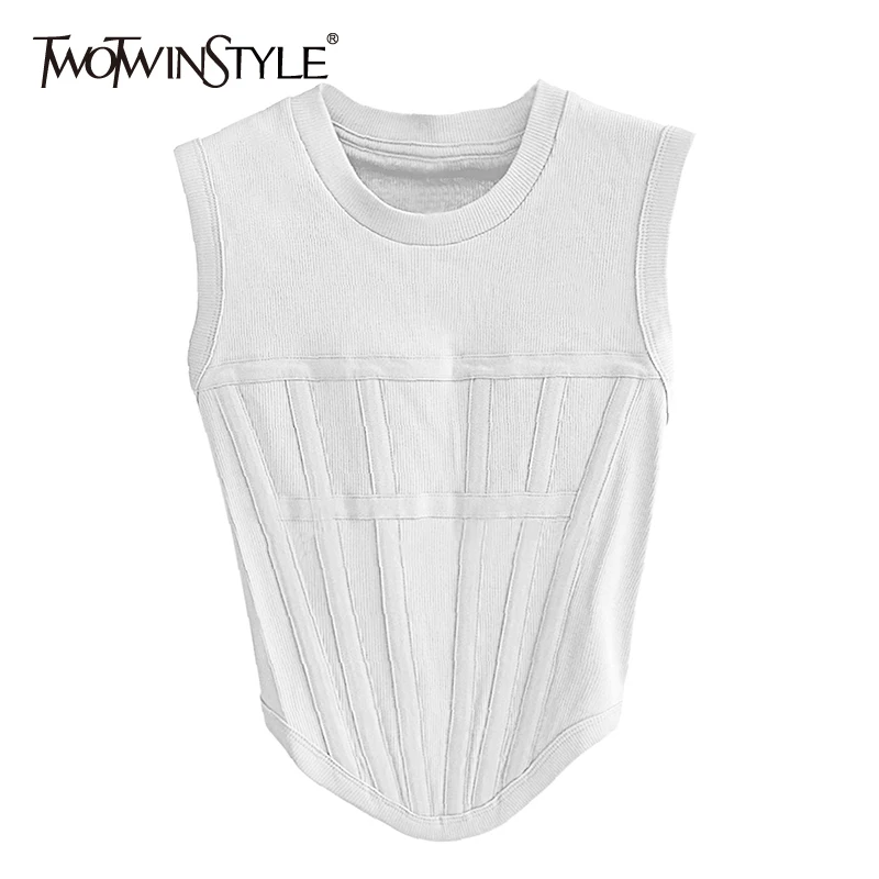 TWOTWINSTYLE White Minimalist Patchwork T-shirt Female Round Neck Sleeveless Korean Fashion Slim Solid T-shirts For Women Summer