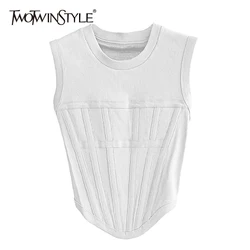 TWOTWINSTYLE White Minimalist Patchwork T-shirt Female Round Neck Sleeveless Korean Fashion Slim Solid T-shirts For Women Summer