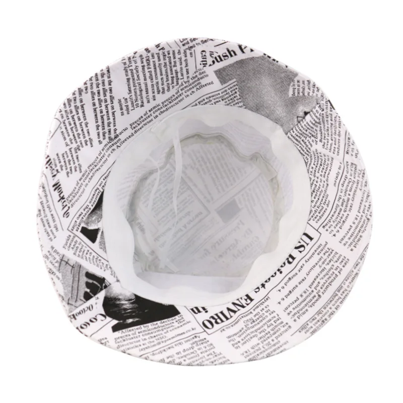 Winfox Black White Letter Newspaper Print Bucket Hat Fashion Fisherman Cap Men Women Gorros Fishing Hats