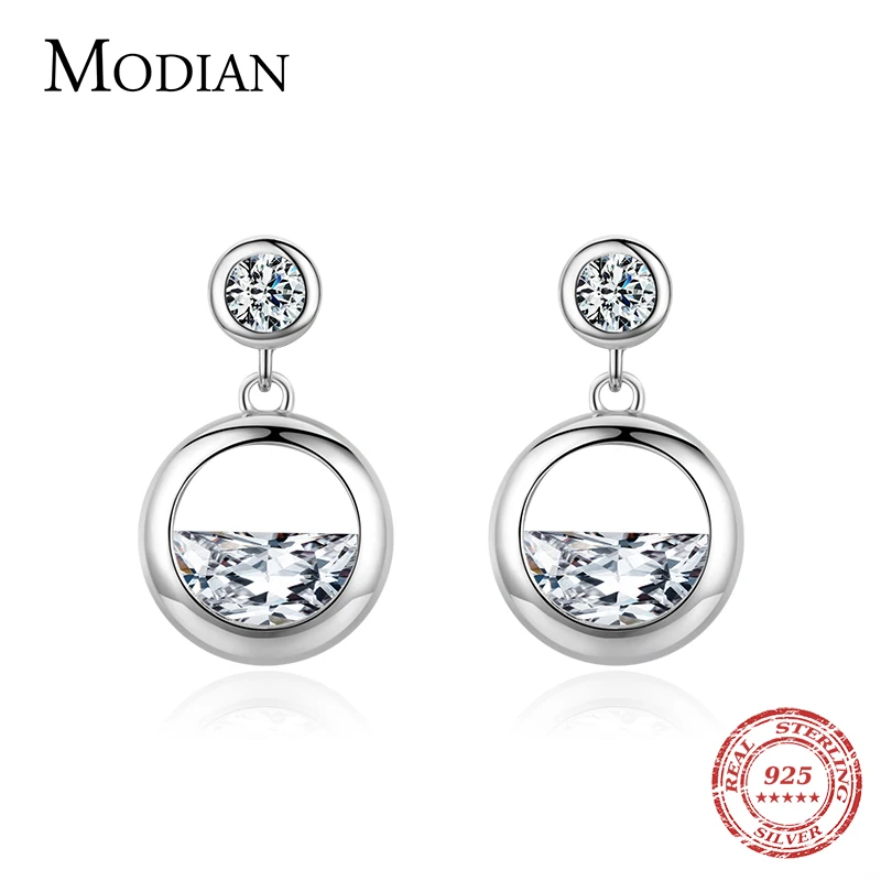 

Modian Authentic 925 Sterling Silver Round Charm Dangle Earrings Geometric Cut Clear CZ Drop Earring For Women Wedding Jewelry