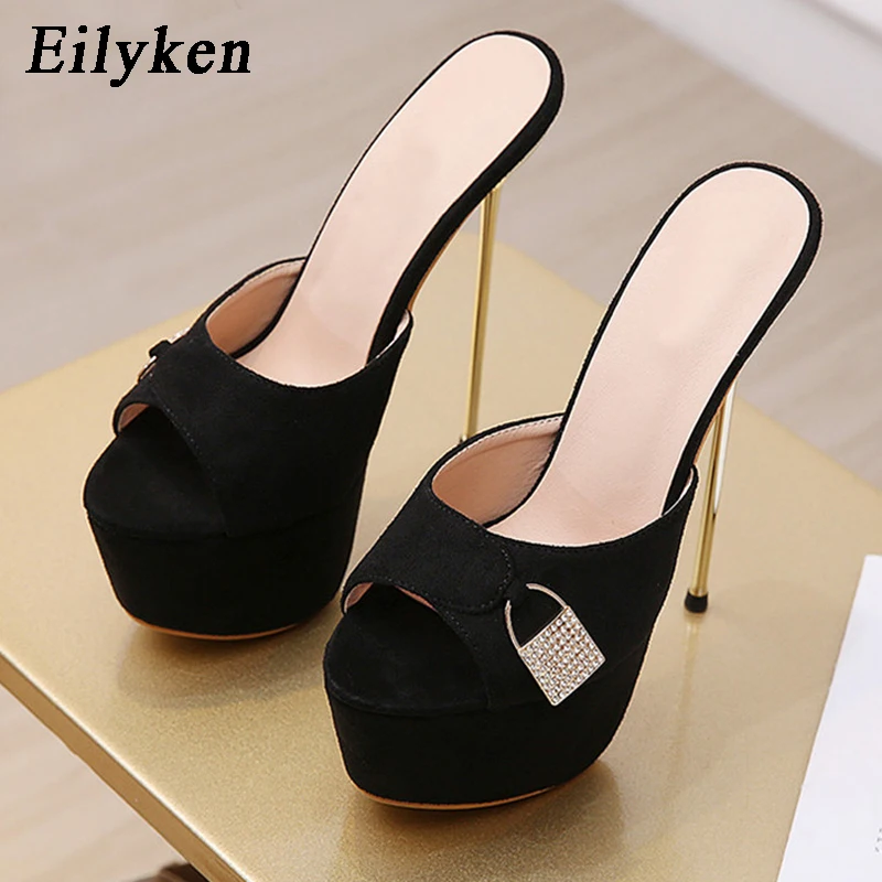 

Eilyken Fashion Design Crystal Metal Decoratio Platform Slippers Women Summer Sexy Thin High Heels Nightclub Stripper Shoes