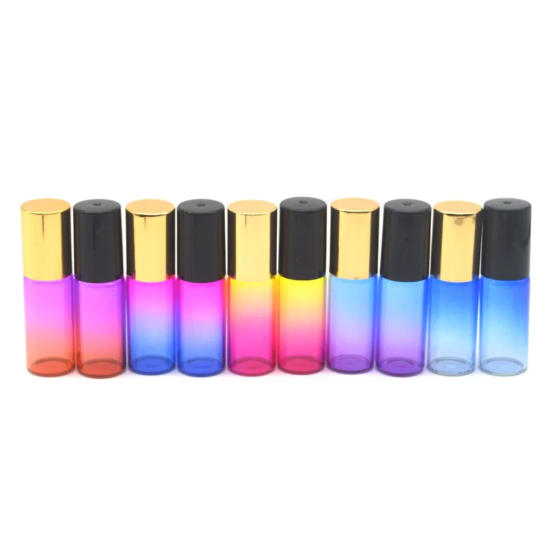 Empty 5ml Essential Oil Gradient Colorful Roller Bottle Fragrance Roll-On Glass Perfume Sample Bottle Black Gold Cap 500pcs