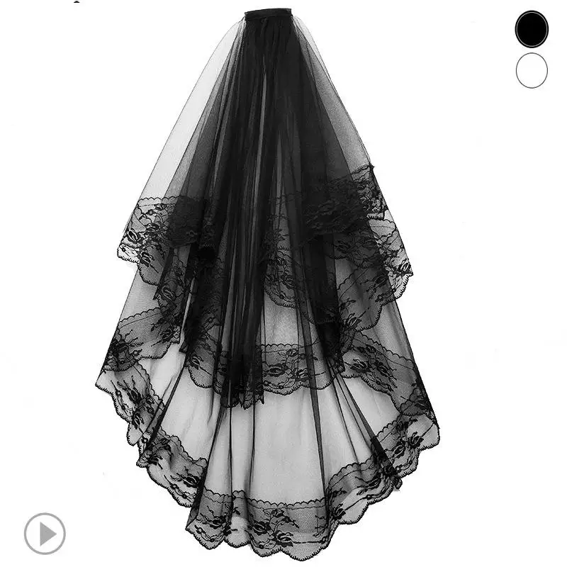 Voile court en dentelle à deux couches pour femme, appliques de bord de fleur, accessoires de mariage pour mariée, cosplay d'Halloween, blanc et noir