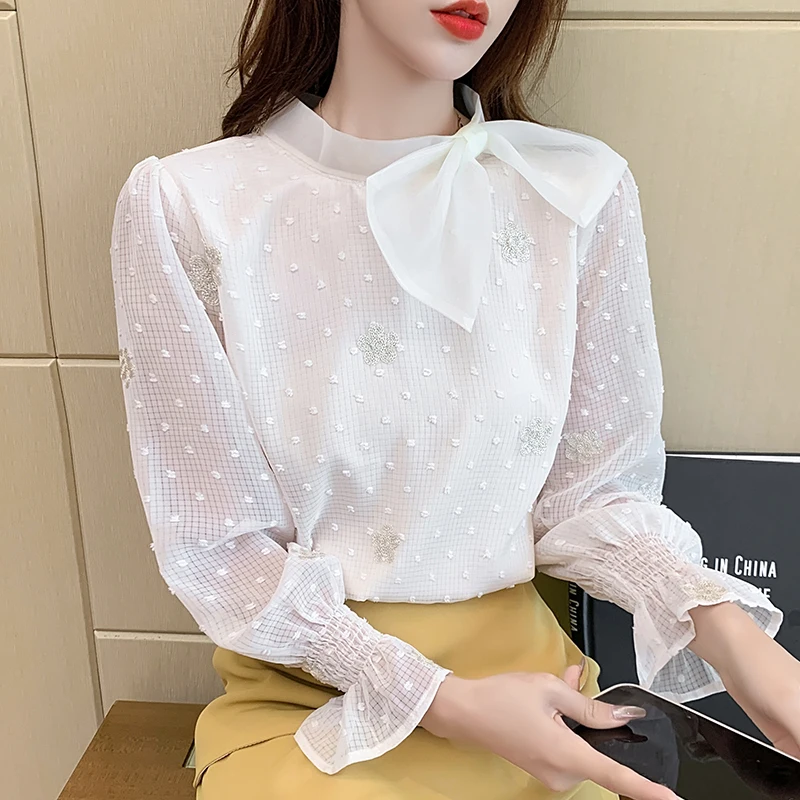 

Blouse Long Sleeve Top Women Autumn New Sweet Flower Embroidery Bow French Style Chiffon Blue Apricot Blusas Femme Shirts 1520
