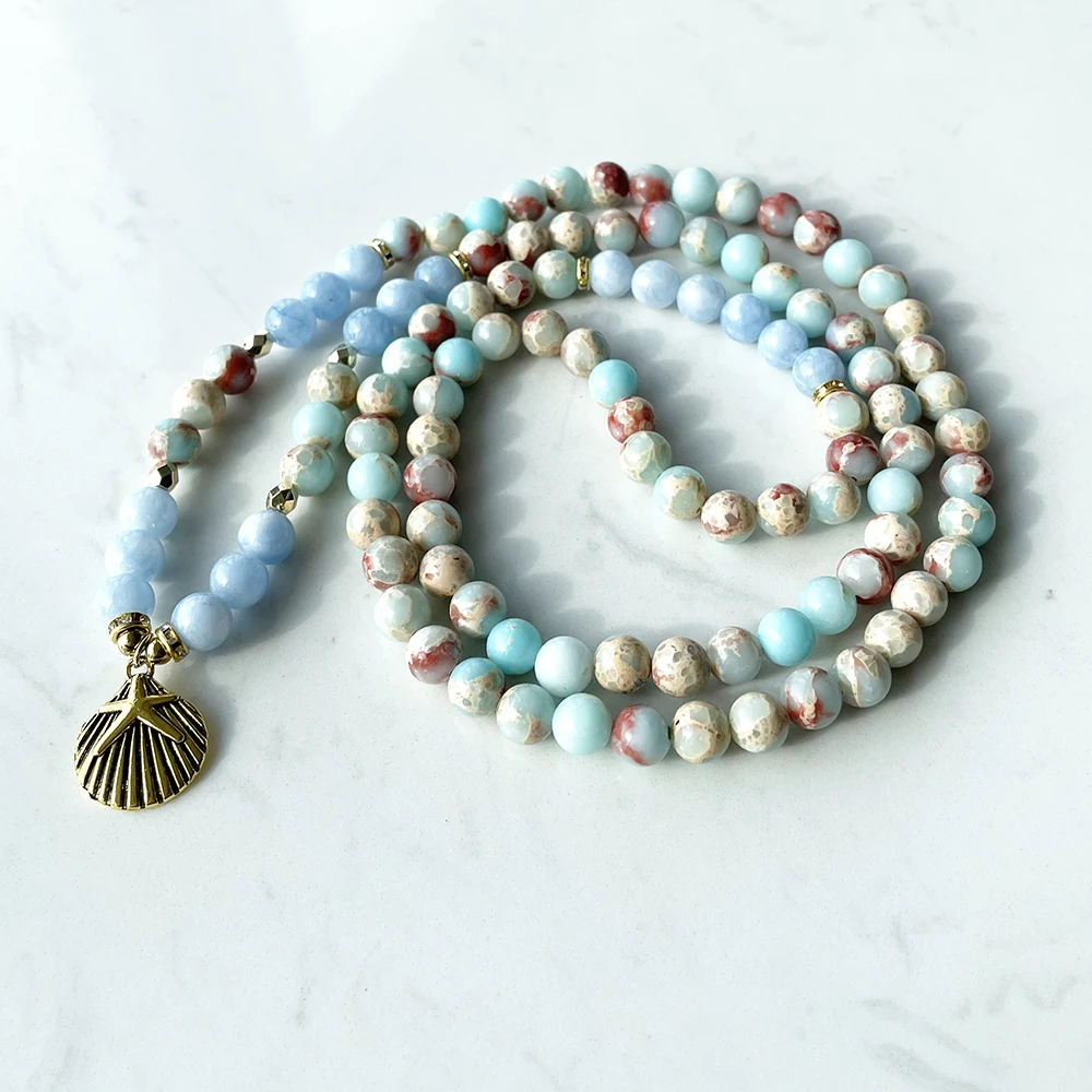 MG1382 Aqua Terra Jasper 108 Mala Bracelet Women`s 8 mm Aquamarine Starfish Charm Necklace Balance Yoga Mala Jewelry