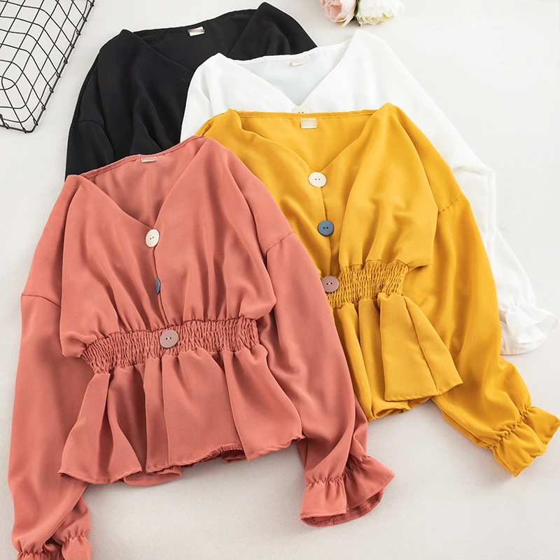 Elegant Women Summer V-Neck Flare Sleeve Pleated Basic Ruffles Shirt Vintage Elastic Slim High Waist Cardigan Button Blouse Tops