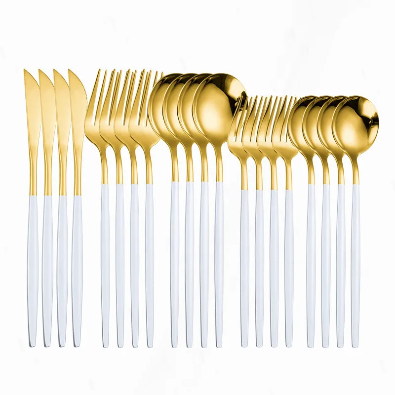 

Gold Cutlery Set Spoon Stainless Steel Tableware Kitchen Dinnerware Set 20pcs Fork Knife Dinner Set Complete Spoon White