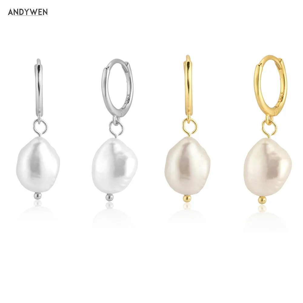 ANDYWEN 925 Sterling Silver Gold Irregular Pearl Drop Earring Women Fashion Luxury Crystal Dangle Women Fashion Jewels Clips