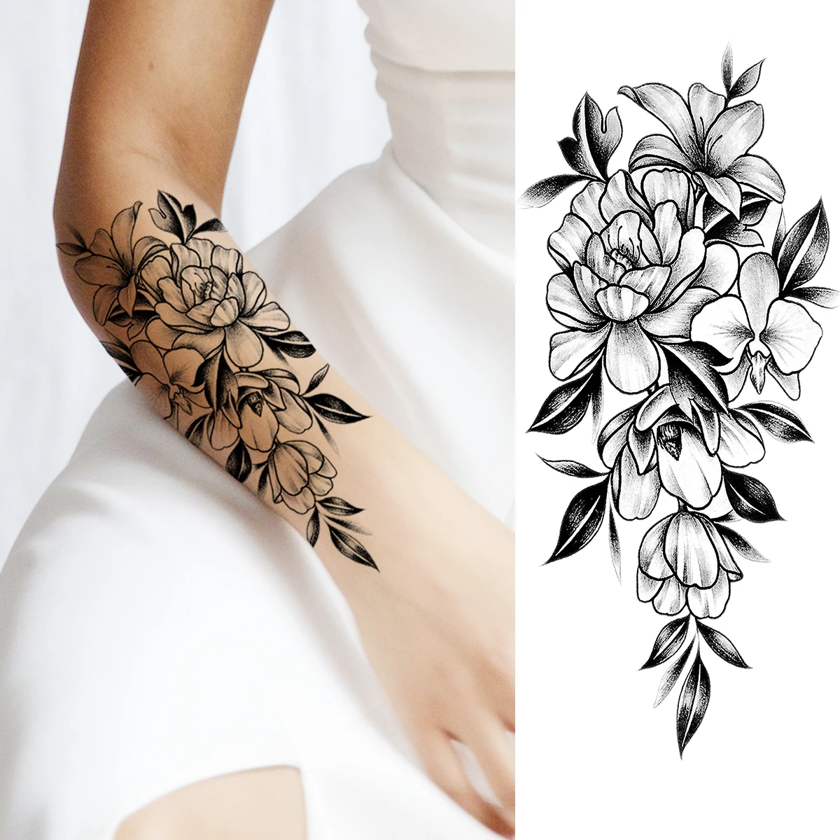 Black Peony Flower Sexy Boobs Temporary Tattoos For Women Adult Girl Rose Lion Moon Fake Tattoo Realistic Body Art Tatoos Paper