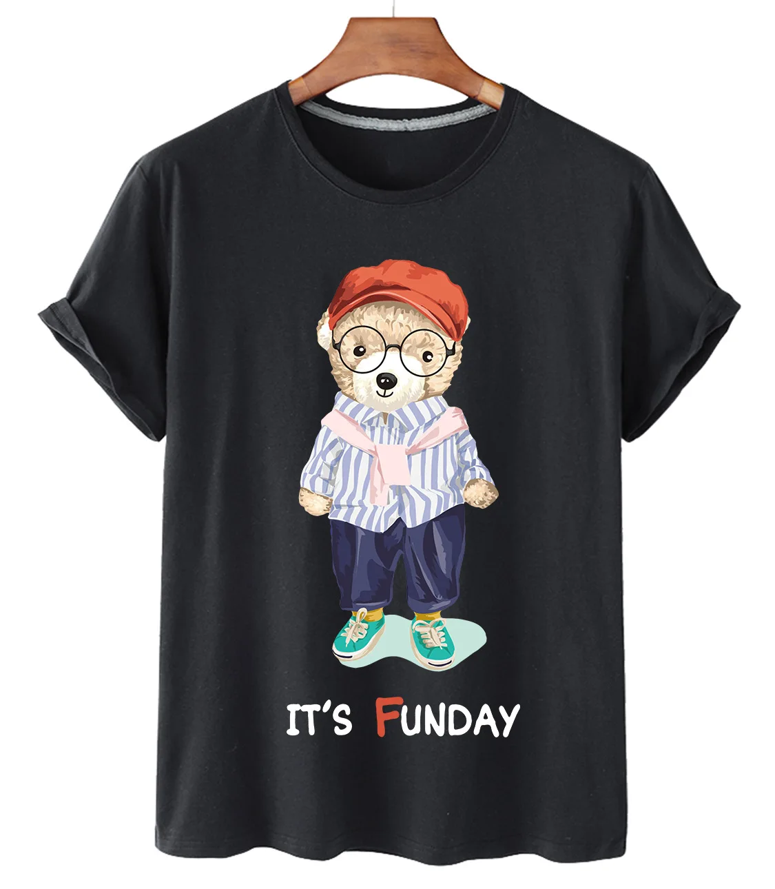 Pure Cotton Sports Gentleman Bear Print Short-sleeved O-neck Loose Casual Top T-shirt Female Oversized T-shirt Half Sleeve S-3XL