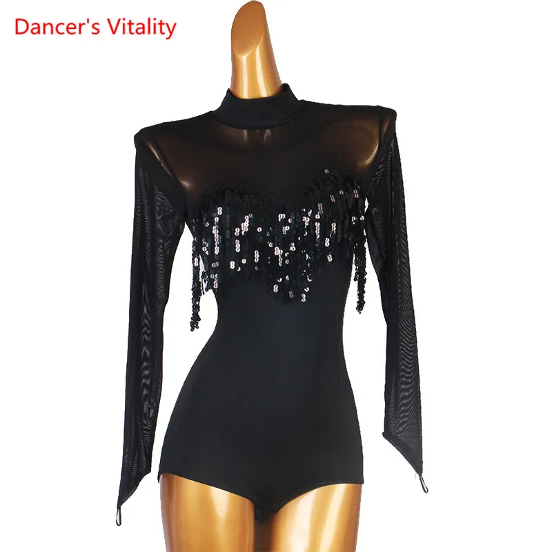 Latin Dance High-end Sequined Body Suit Long-Sleeved Modern Dancing Onesies Ballroom Dancewear Profession Custom Practice Top