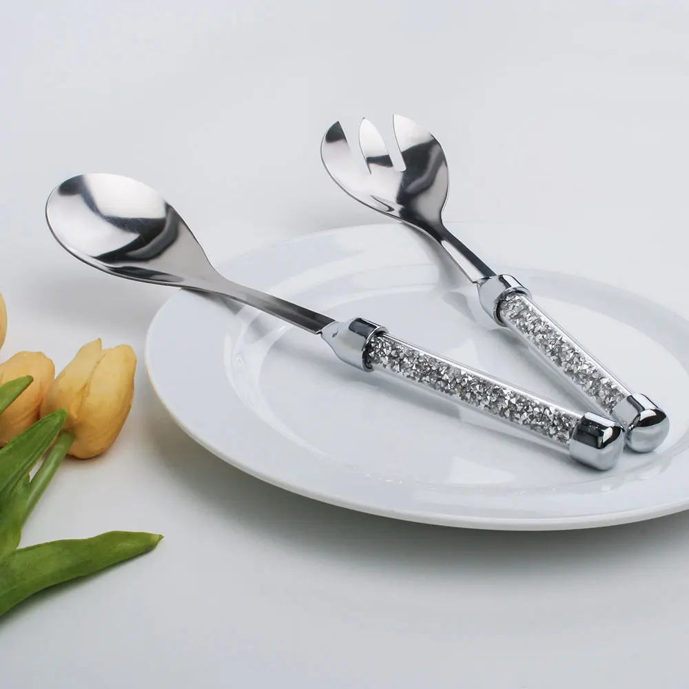 New Design Crystal Filled Handle Salad Spoons Stainless Steel  Set Of Forks And Spoons Utilidade Kitchen Cutlery Sets