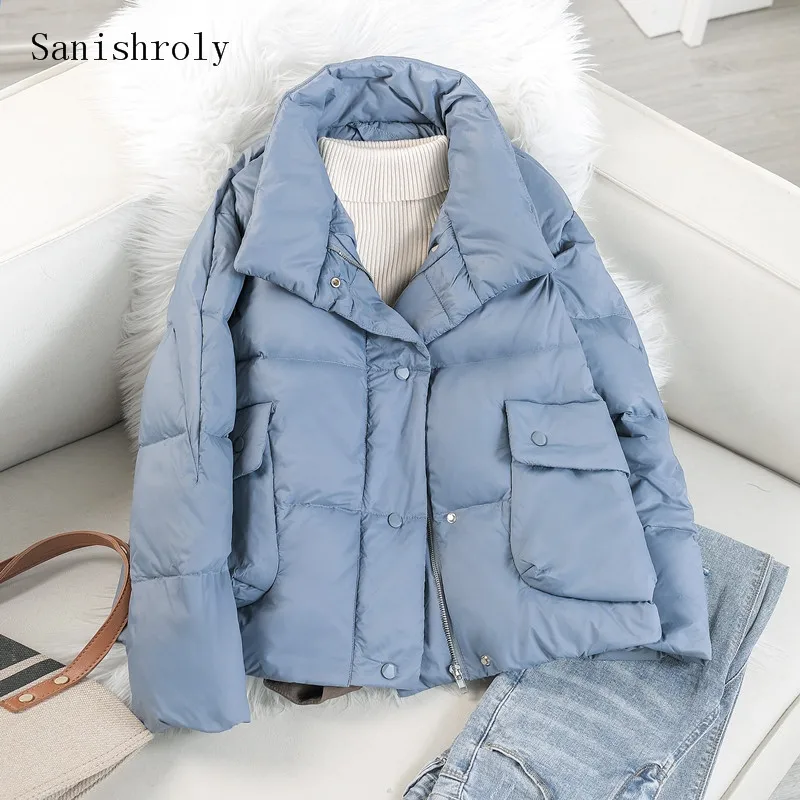 2021 Autumn Winter Coat Women Warm Thicken White Duck Down Coat Ladies Pockets Stand Collar Jacket Casual Loose Down Parkas Tops