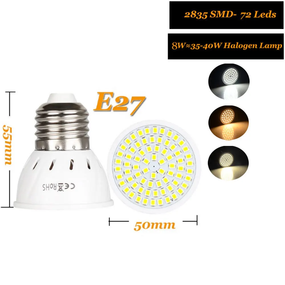 

2PCS E27 LED Spotlight LED Lamp Bulb 36 54 72LEDs 2835 SMD Warm White Cold White Light for Home Lampada 220V 110V DC12V 24V