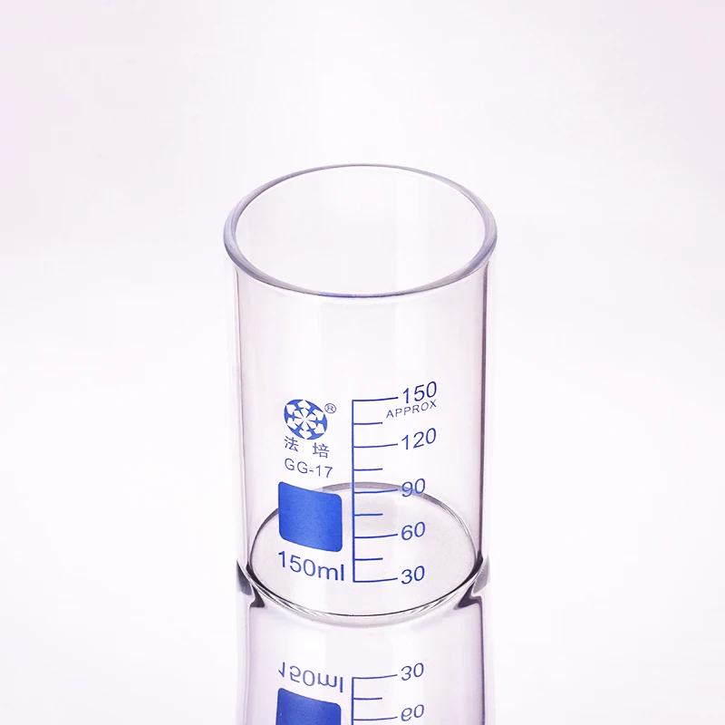 FAPE Beaker in low form without spout, Capacity 150mL, Outer diameter=60mm, Thickness=2.8mm, Height=87mm, Borosilicate glass