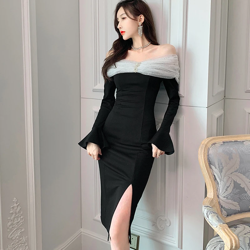 

Fashion Vintage Sexy Slash neck Flare Sleeve Midi Party Club Dress Women Elegant Mesh Sequins Bodycon Skinny Split Female Dress