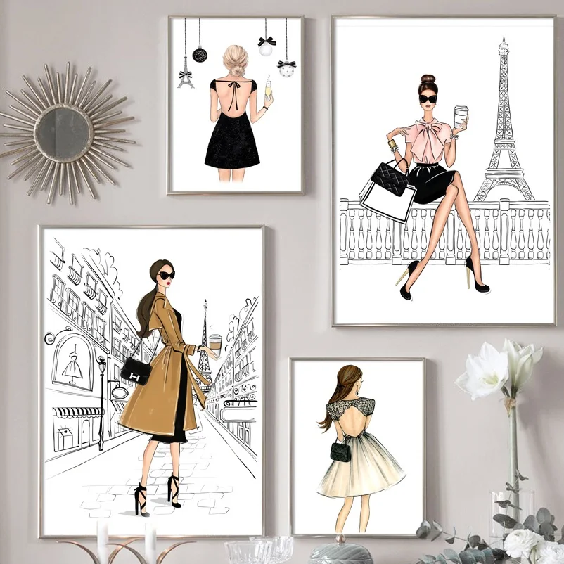 Mode Modell Mädchen Vintage Wand Kunstdruck Leinwand Malerei Nordic Poster Und Drucke Wand Bilder Für Wohnzimmer Salon Decor