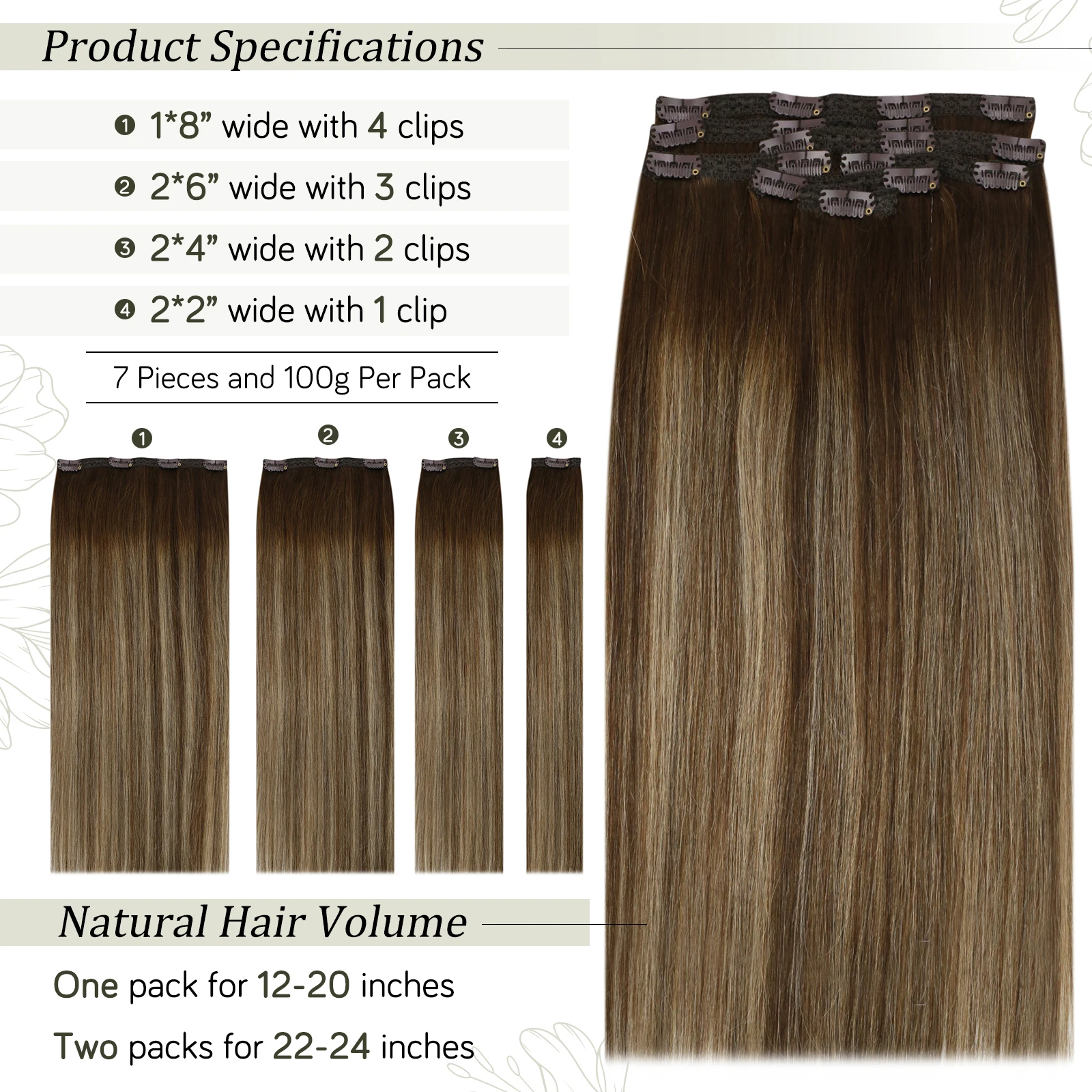 VeSunny Clip in Hair Extensions Human Hair 100% Remy Wigs Caramel Blonde Double Weft Clip in Brown Hair Extensions 7pcs/Set