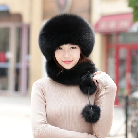 Imitation Fur Hat Snow Hat Autumn Winter Imitation Fox Fur Hat Scarf One Body Warmth Women's New Versatile Girl Outdoor Gray