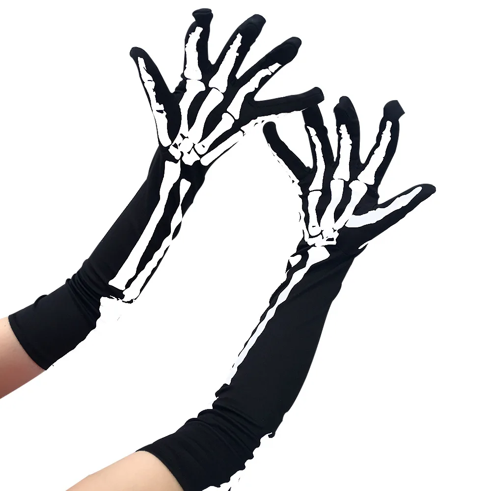 Halloween Lady Gothic Hipster Punk Mittens Scare Props Gloves Skeleton Print Cool Women Opera Length Nylon Glove 2023 50*10 cm