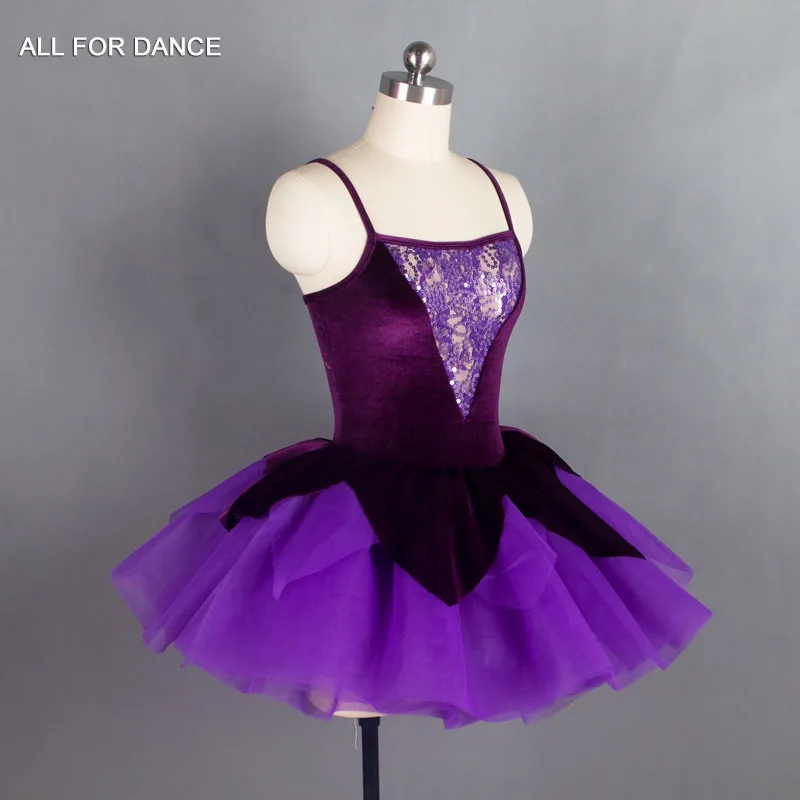 18564 다크 퍼플 벨벳 & 스팽글 탑 보디스와 퍼프 튤 스커트 여성 및 소녀 무대 댄스 드레스 로맨틱 발레 의상