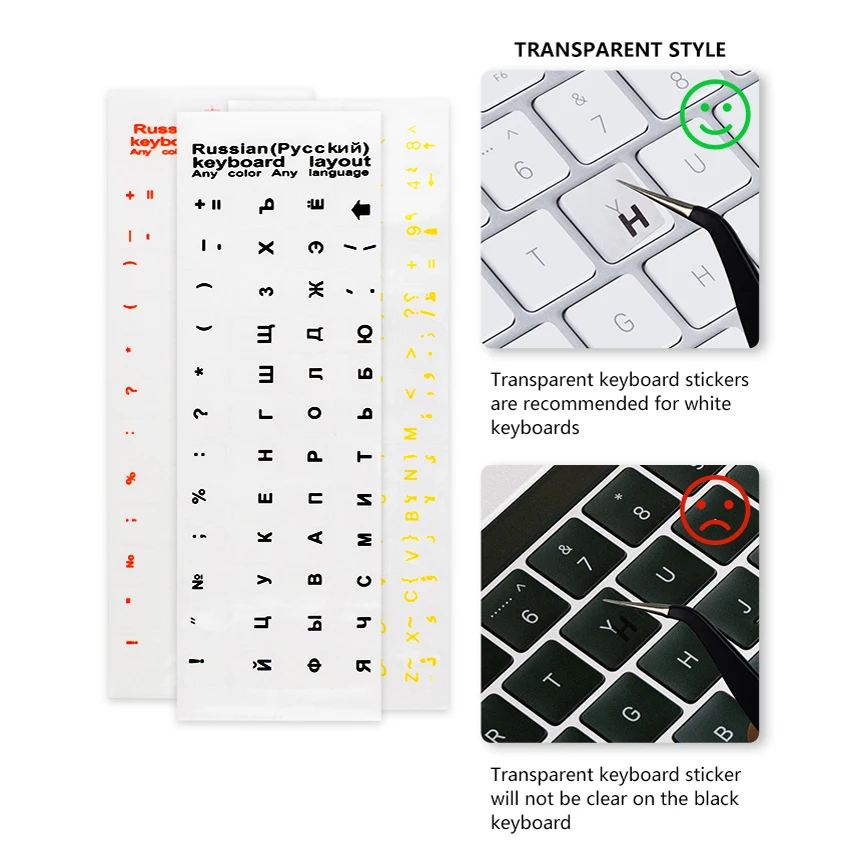 Russian Spanish Arabic French Portuguese German Turkish Black Character Transparent Keyboard Stickers for White Keyboard