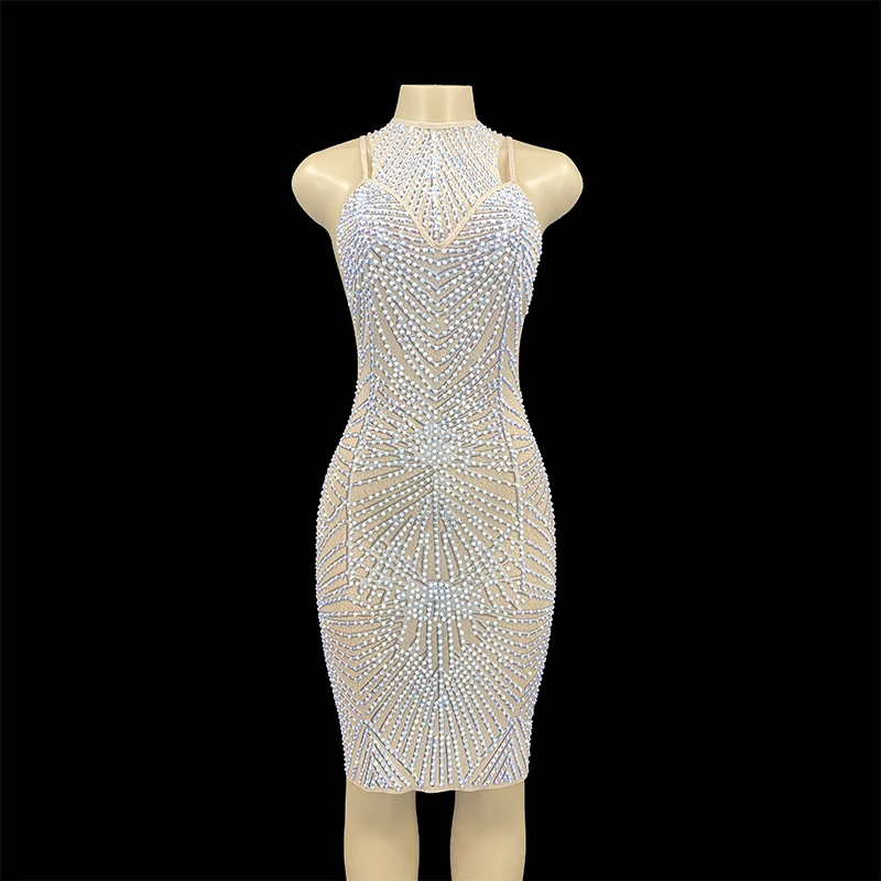 Sexy Transparent Rhinestones Crystals Chains Mini Dress Dance Wear Mesh Dance Performance Evening Stretch Costume