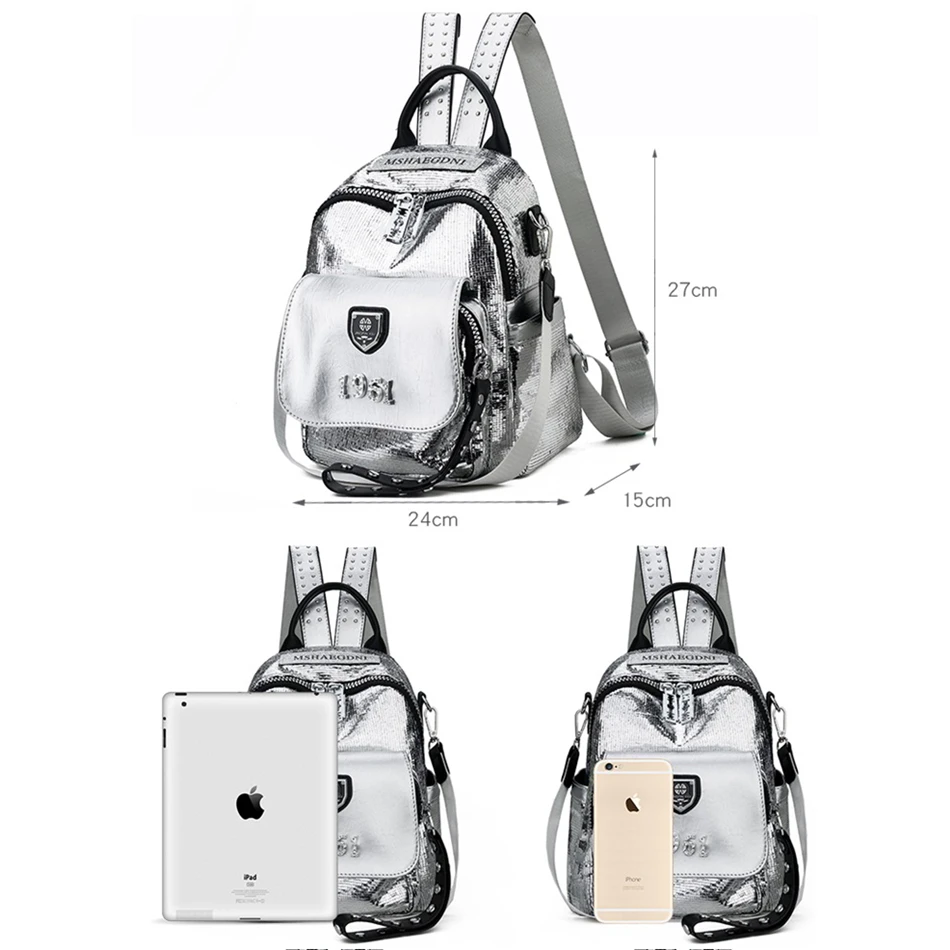 Fashion Silver Women \'s Backpack High Quality Bookbag Soft Leather School Bags for Teenagers Girls 3 In 1 Ladies Travel Backpack