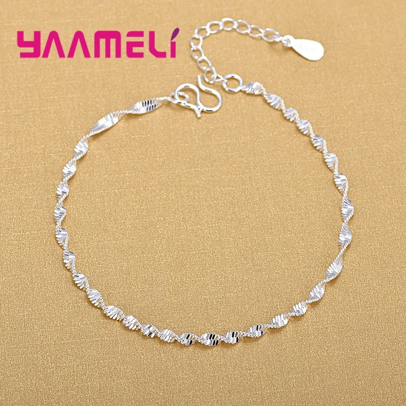 Charm 925 Sterling Silver Water Wave Chain Bracelet Solid Silver Fashion Women Girls Lady Fine Silver Jewelry