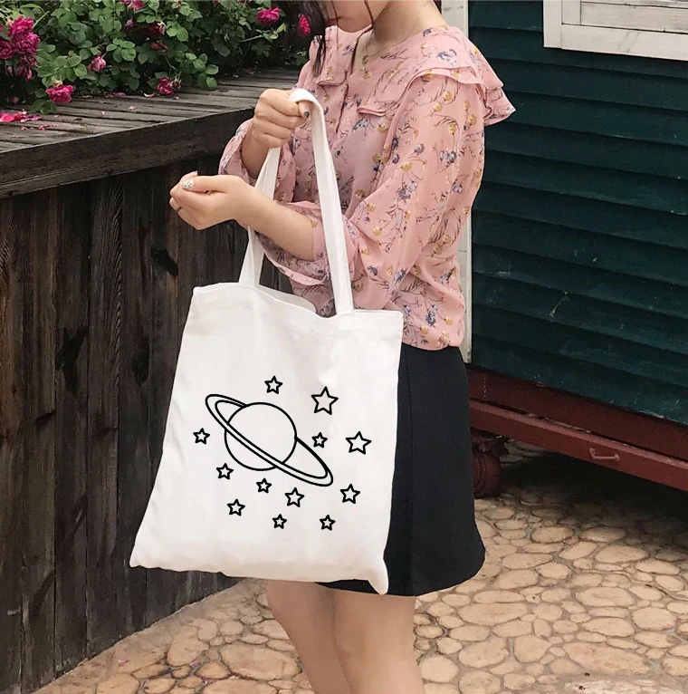 Space Illustration Canvas Tote Bag Large Capacity Reusable Shopping Bag Women Beach Handbags Printed School Bags