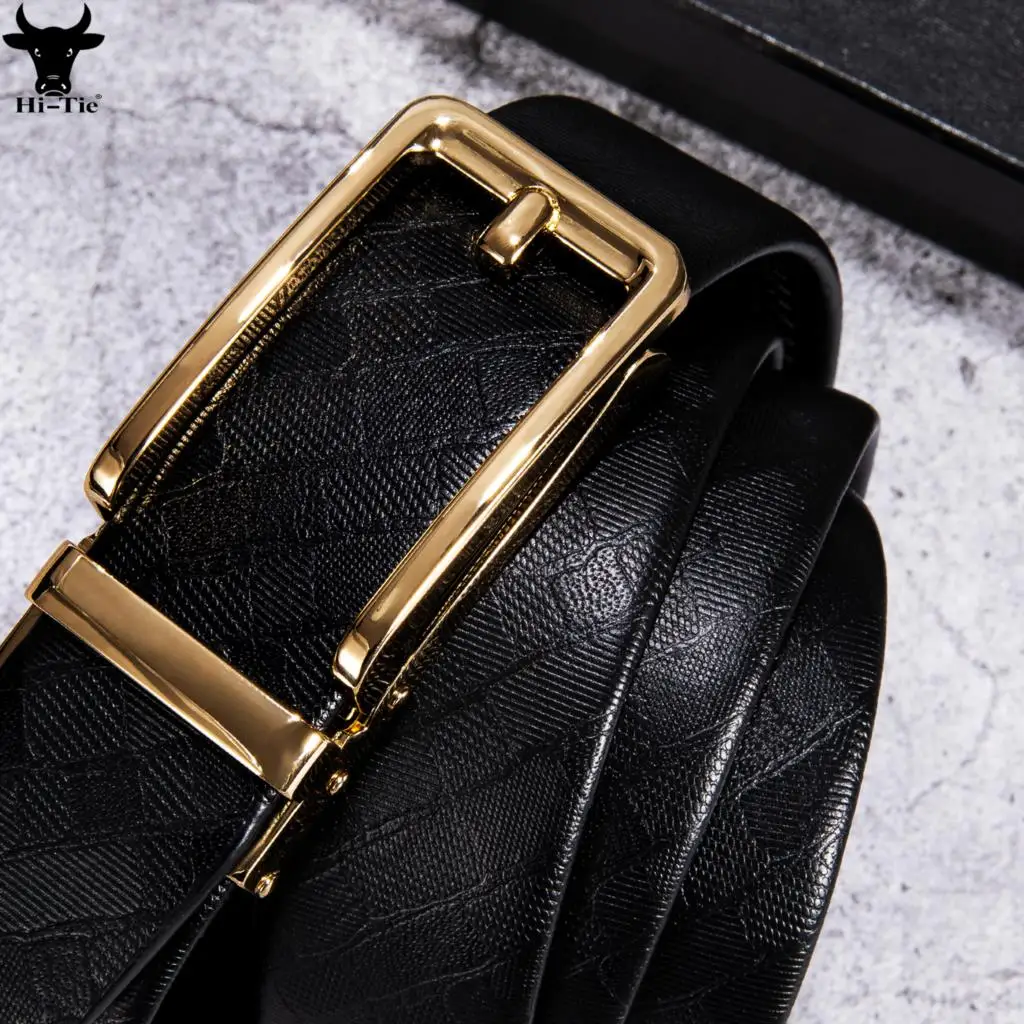 

Luxury Black Genuine Leather Mens Belts Gold Hollow Automatic Buckles Ratchet Waistband Strap for Men Jeans Dress Formal Casual