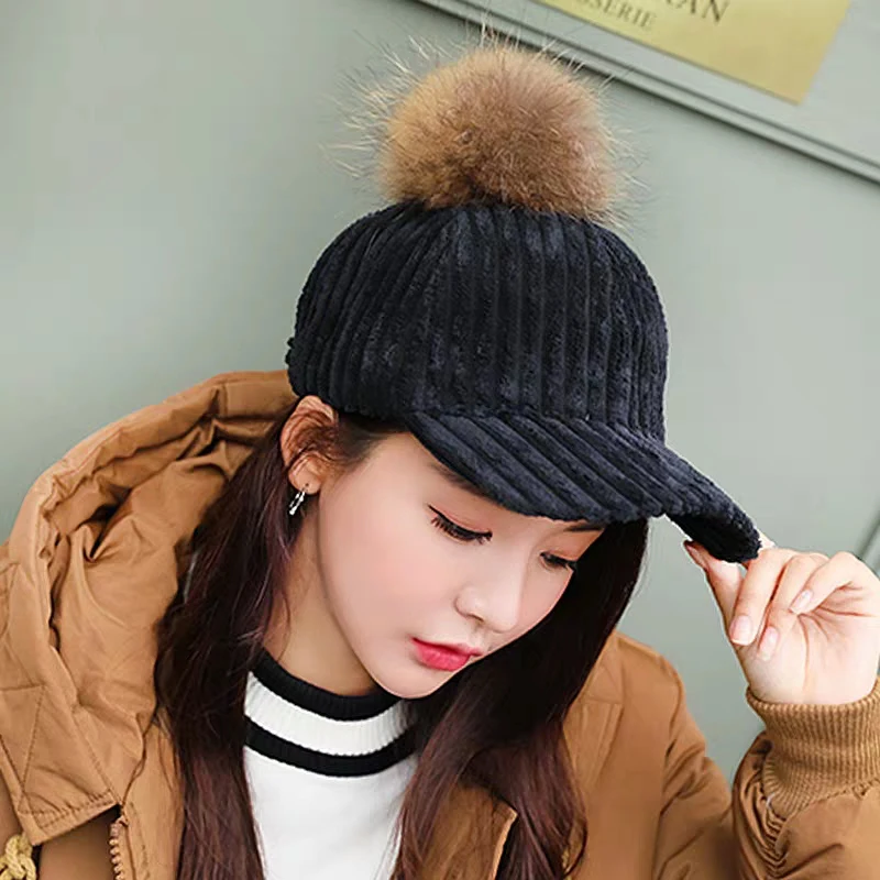 2019 Bola Rambut Korduroi Topi Wanita Musim Gugur Musim Dingin Topi Bisbol Gaya Fashion Dapat Disesuaikan Topi Wanita Hangat Kasual Streetwear