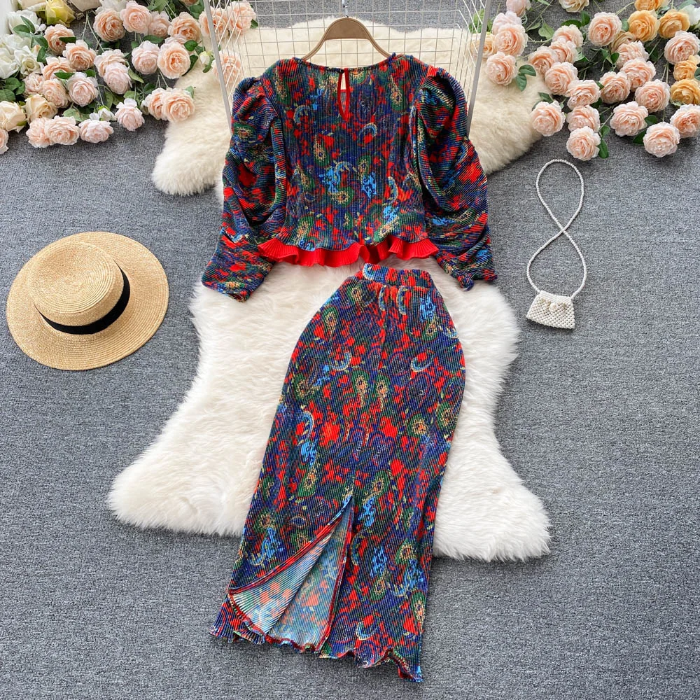 Vrouwen Tweedelige Set Vintage Bloemenprint Puff Mouwen Trui Tops En Elastische Taille Geplooide Rok Suits Fashion Kleding Sets