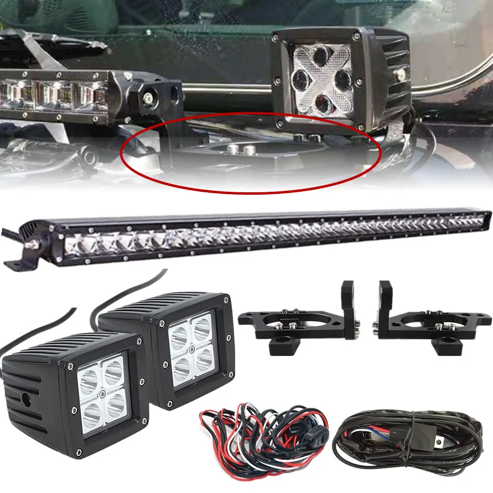 

42Inch LED Light Bar + Hood Mount Brackets LED Pods Windshield Brackets For Jeep Wrangler JL JLU Sahara Rubicon Sport 2018-2021