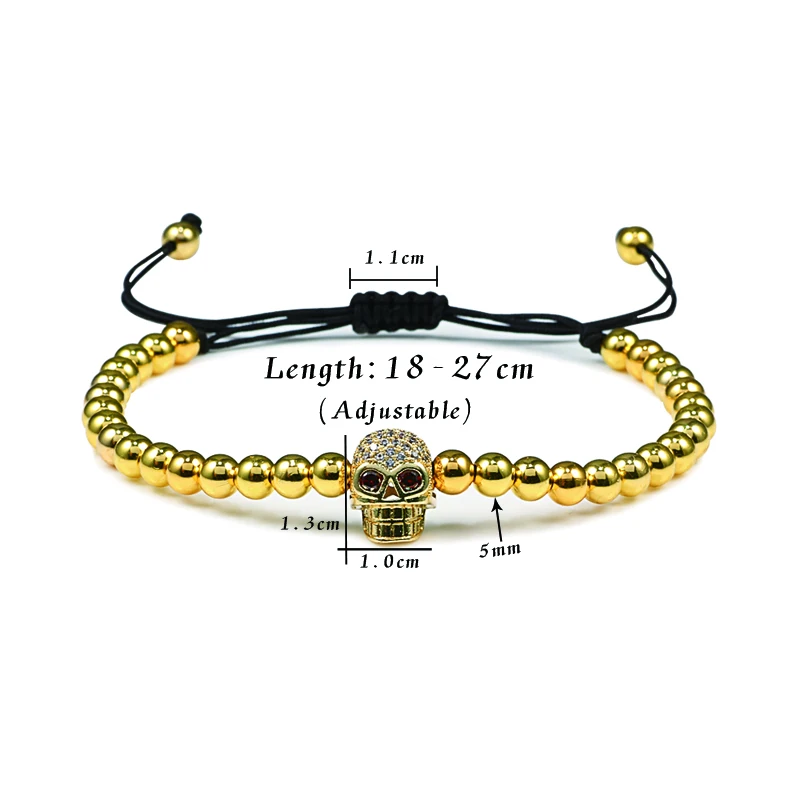 Charm 5mm Copper Beads Bracelets Handmade Pave CZ Skeleton Crystal Adjustable Bracelets Women Men Skull Head Punk Wrist Jewelry